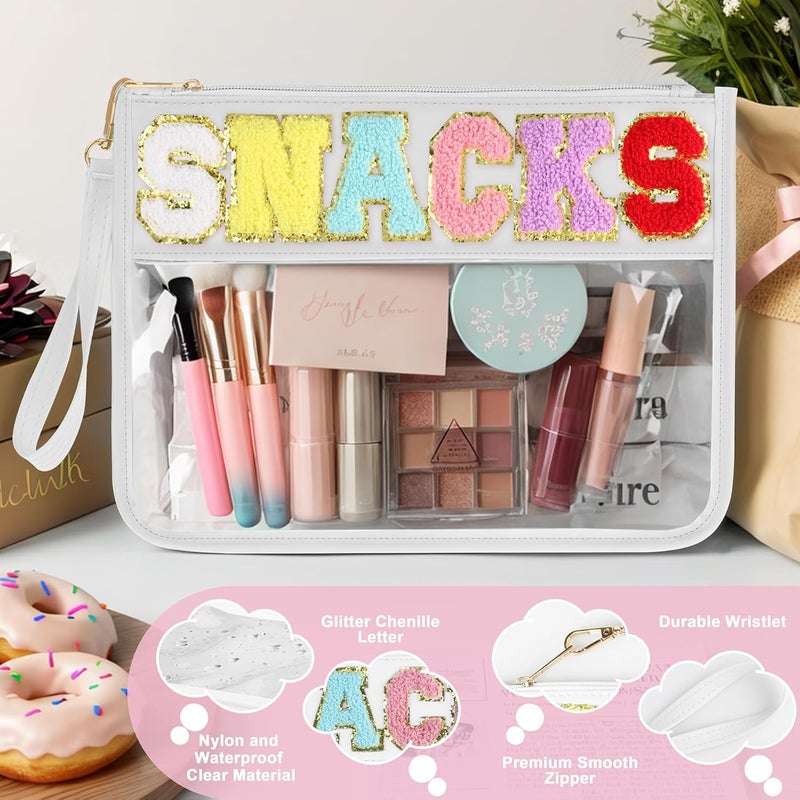 TESAFNG Snack Bag for Travel - Clear Chenille Varsity Letter Flat Pouch with Zipper, 12.2×8.46 inch Waterproof Clear Nylon Preppy Patch Makeup Cosmetic tote Bags for Women Girls - Image 3